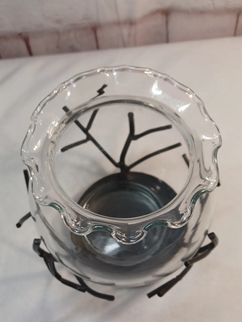 Clear Ruffled Glass Hurricane Vase with Metal Twig Stand
